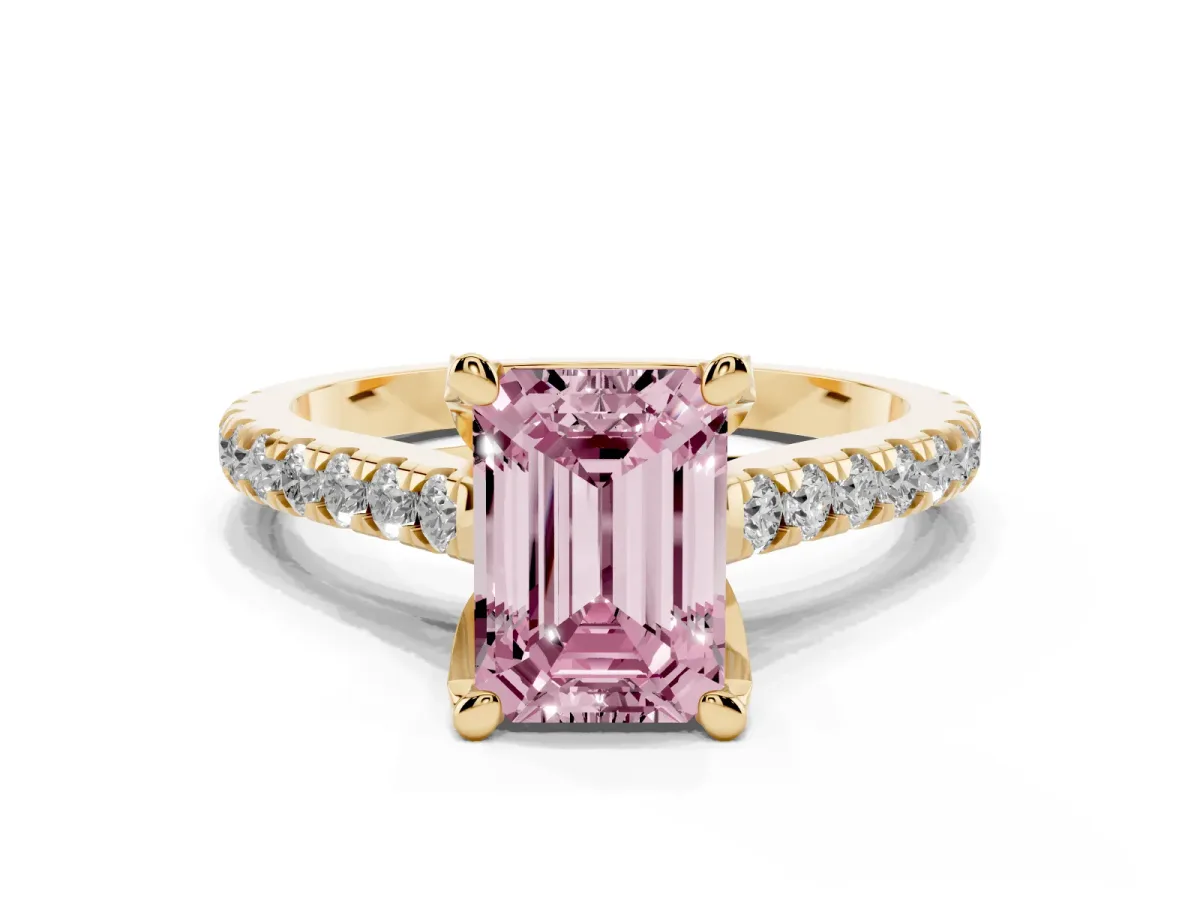 Fancy Pink Emerald Cut Brilliant Diamond Solitaire with Pavé Band and Four-Prong Setting Yellow gold