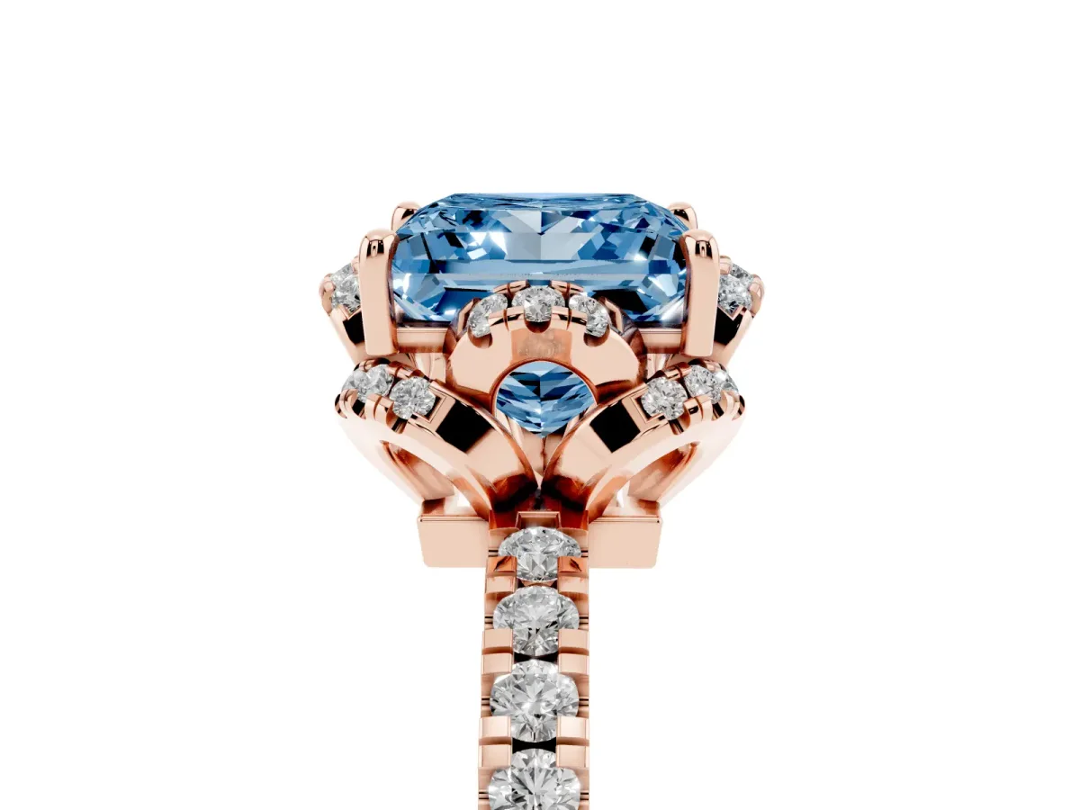 Fancy Blue Princess Cut Halo Diamond Pave Band Ring with Four-Prong Setting Rose gold