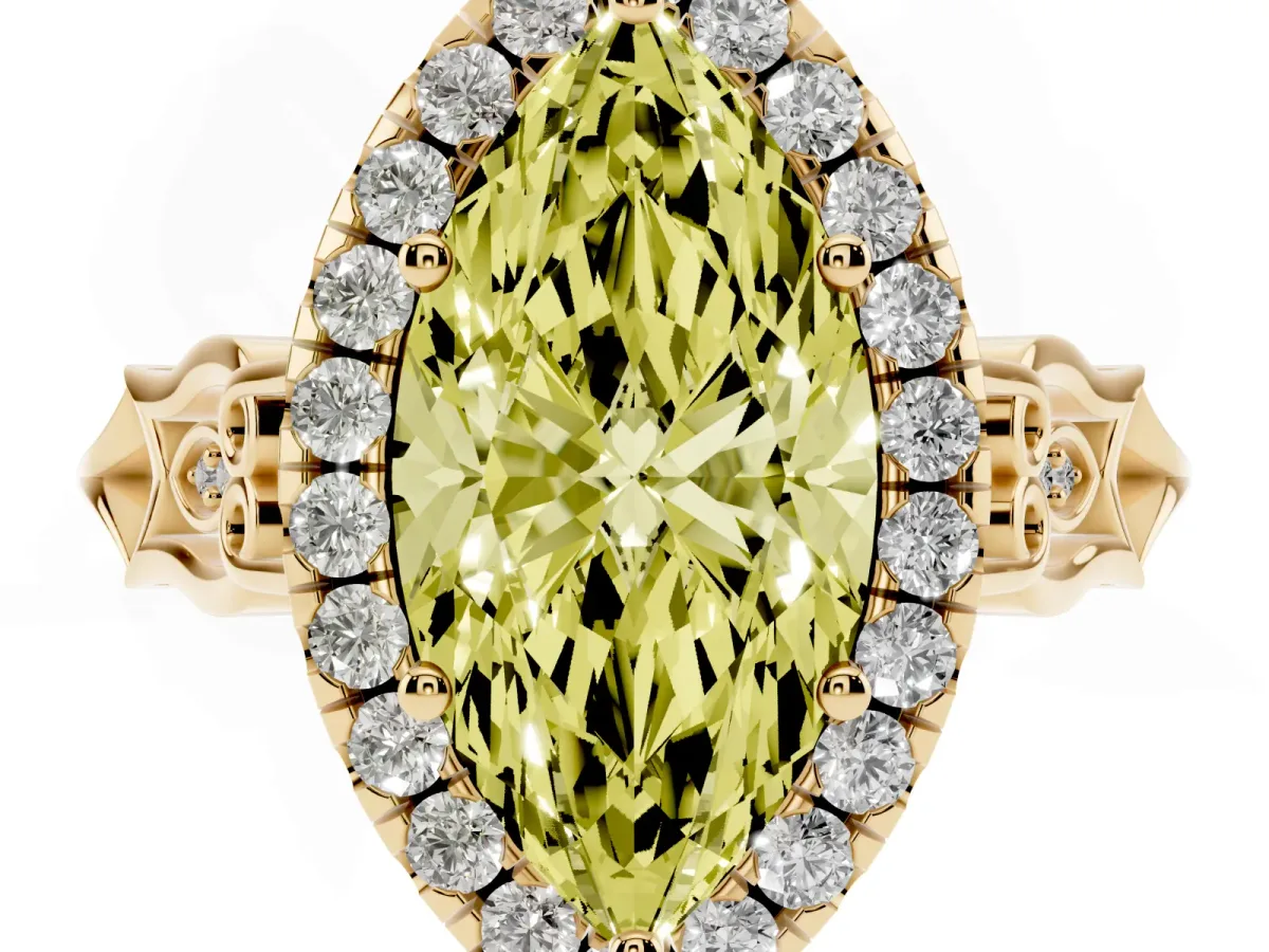 Fancy Yellow Marquise Cut Halo Diamond Engagement Ring with Filigree Band and Four-Prong Setting Yellow gold