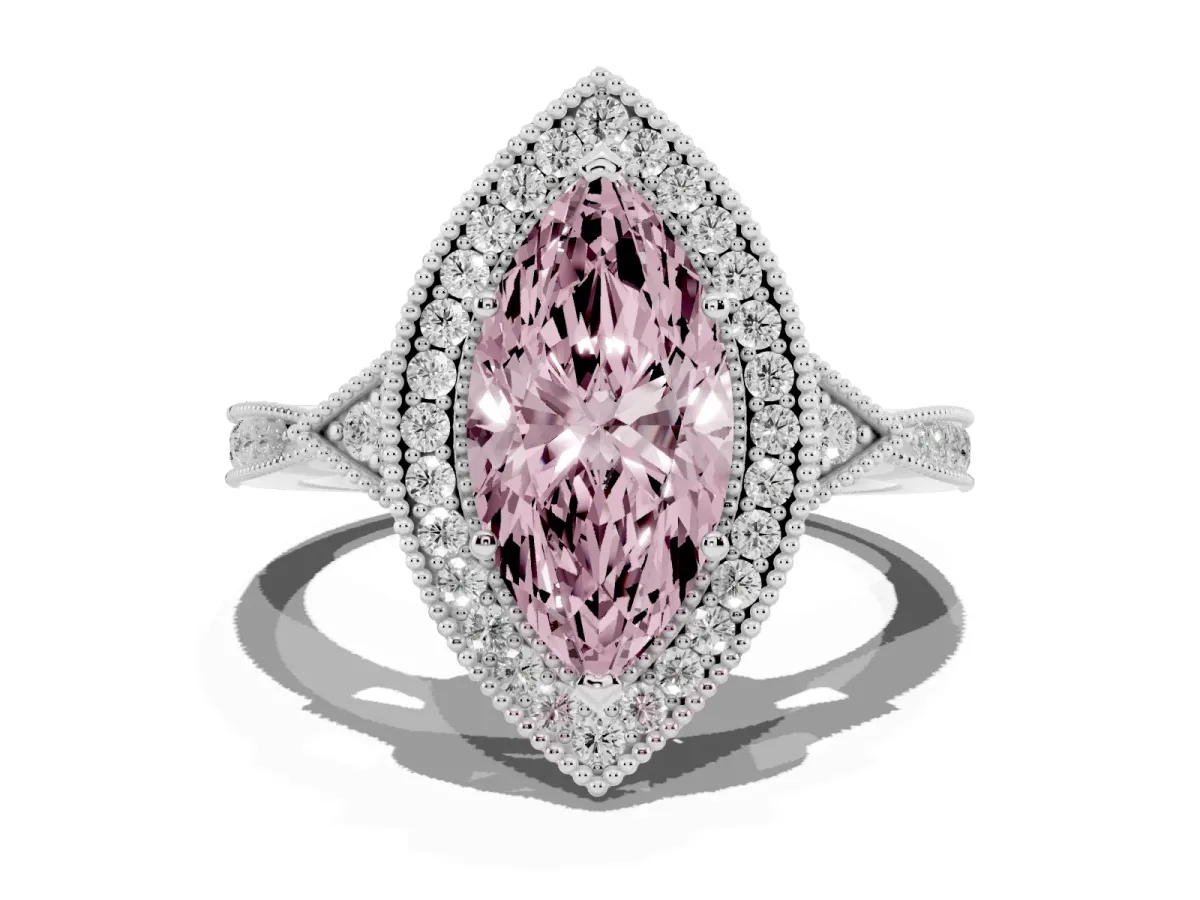 Fancy Pink Marquise Cut Halo Round Diamond Milgrain Pave Engagement Ring White gold