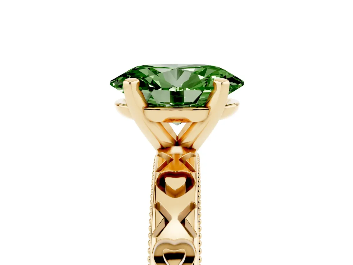 Fancy Green Oval Cut Solitaire Diamond Engagement Ring with XO Engraved Band and Four-Prong Setting Yellow gold