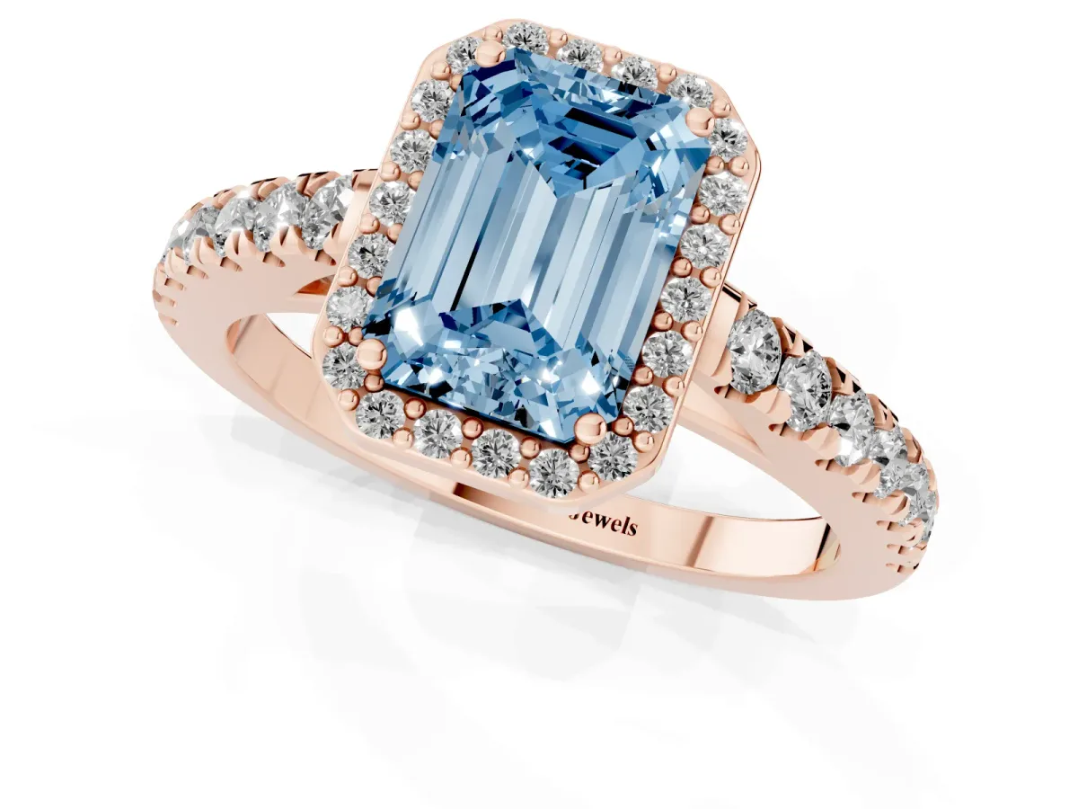 Fancy Blue Emerald Cut Cut Halo Diamond Engagement Ring with Pave Band and Four-Prong Setting Rose gold