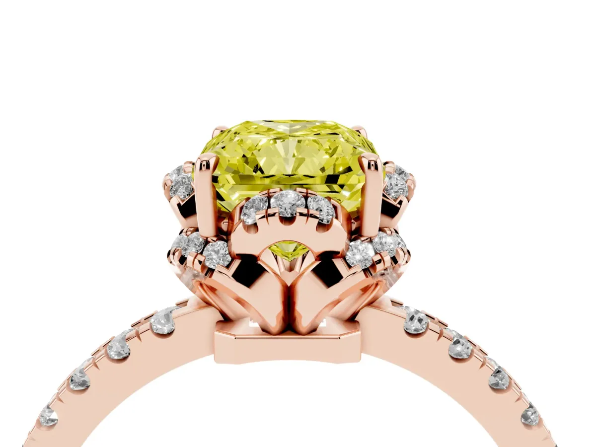 Fancy Yellow Radiant Cut Halo Diamond Pave Band Ring with Four-Prong Setting Rose gold