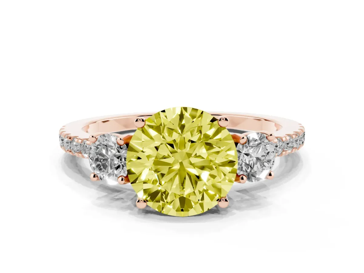 Fancy Yellow Three-Stone Round Cut Cut Diamond Pavé Band with Prong Setting Rose gold
