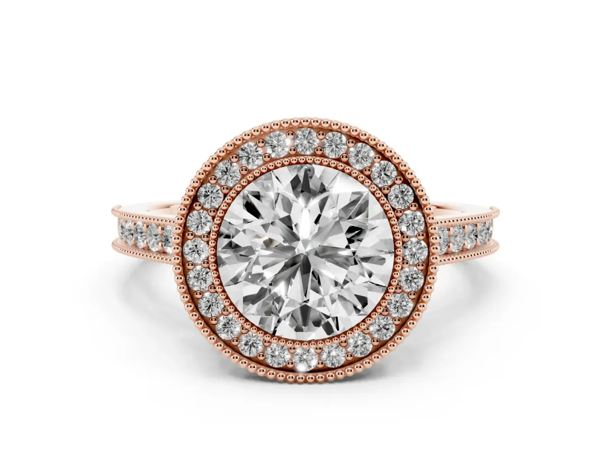 Halo Round Cut-Cut Diamond Pave Band Milgrain Prong Setting Ring Rose gold