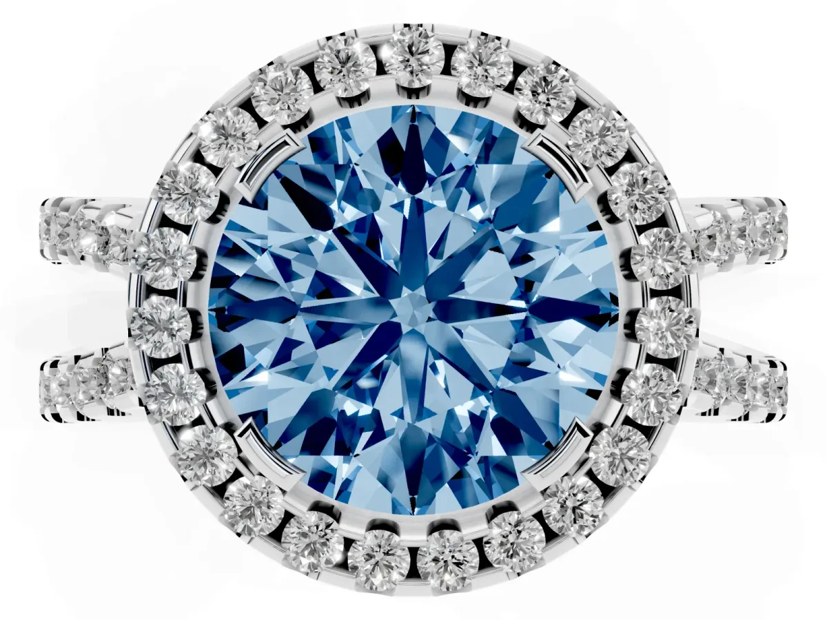 Fancy Blue Round Cut Diamond Halo Ring with Split Shank Pavé Band and Prong Setting Silver
