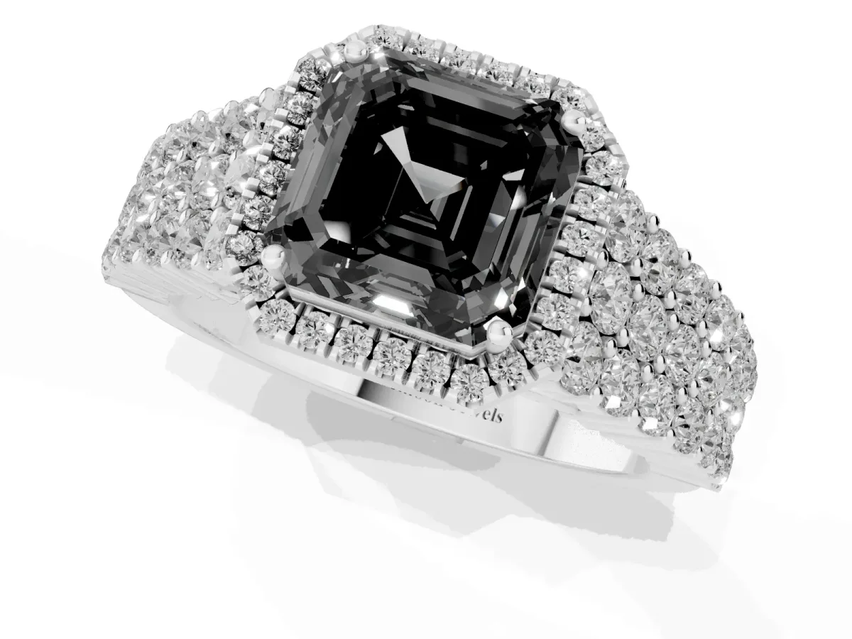 Fancy Black Asscher Cut Diamond Halo Engagement Ring with Triple Row Round Pavé Band and Prong Setting Silver