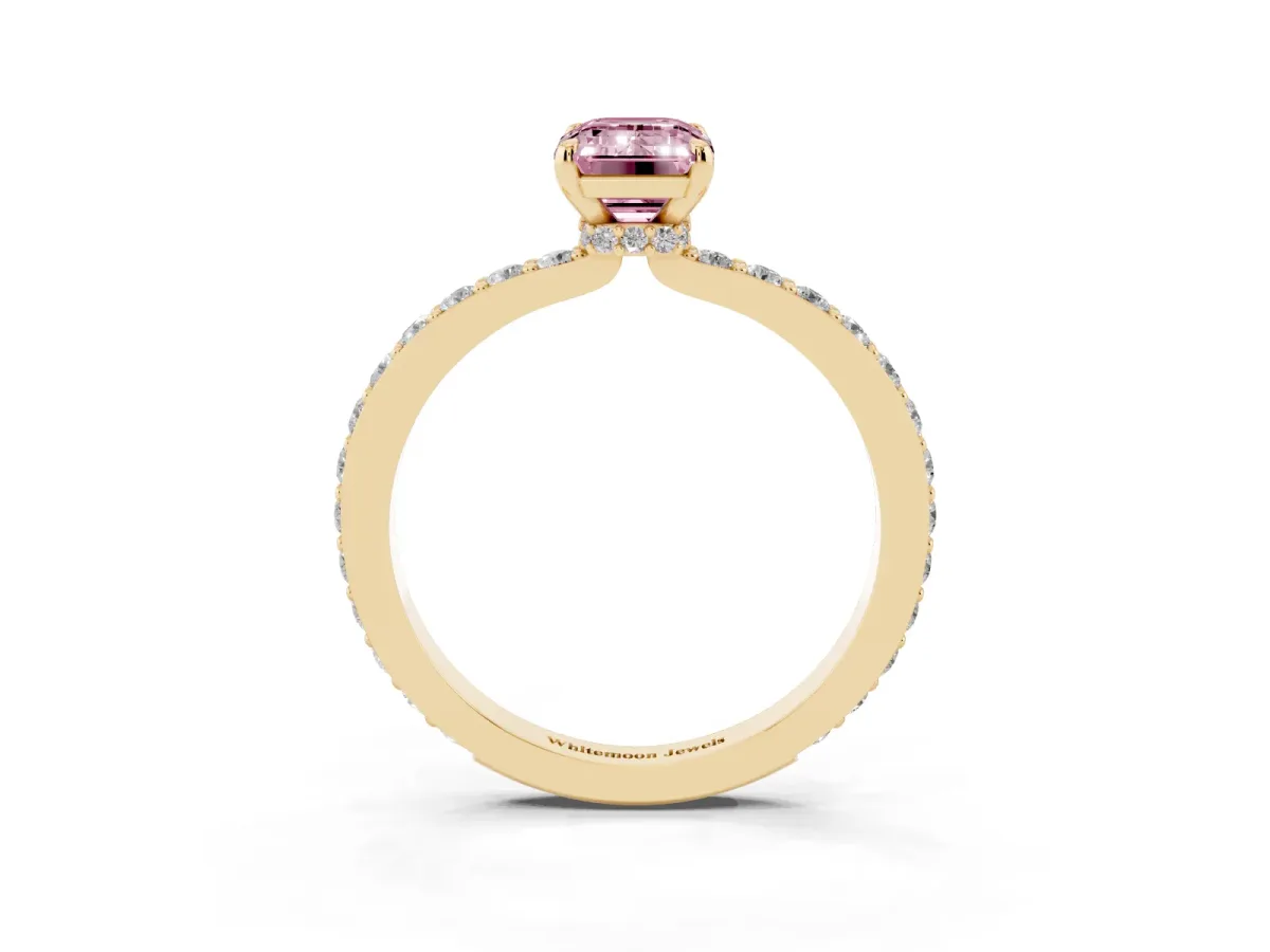 Fancy Pink Emerald Cut Diamond Pavé Engagement Ring with Round Accents and Prong Setting Yellow gold