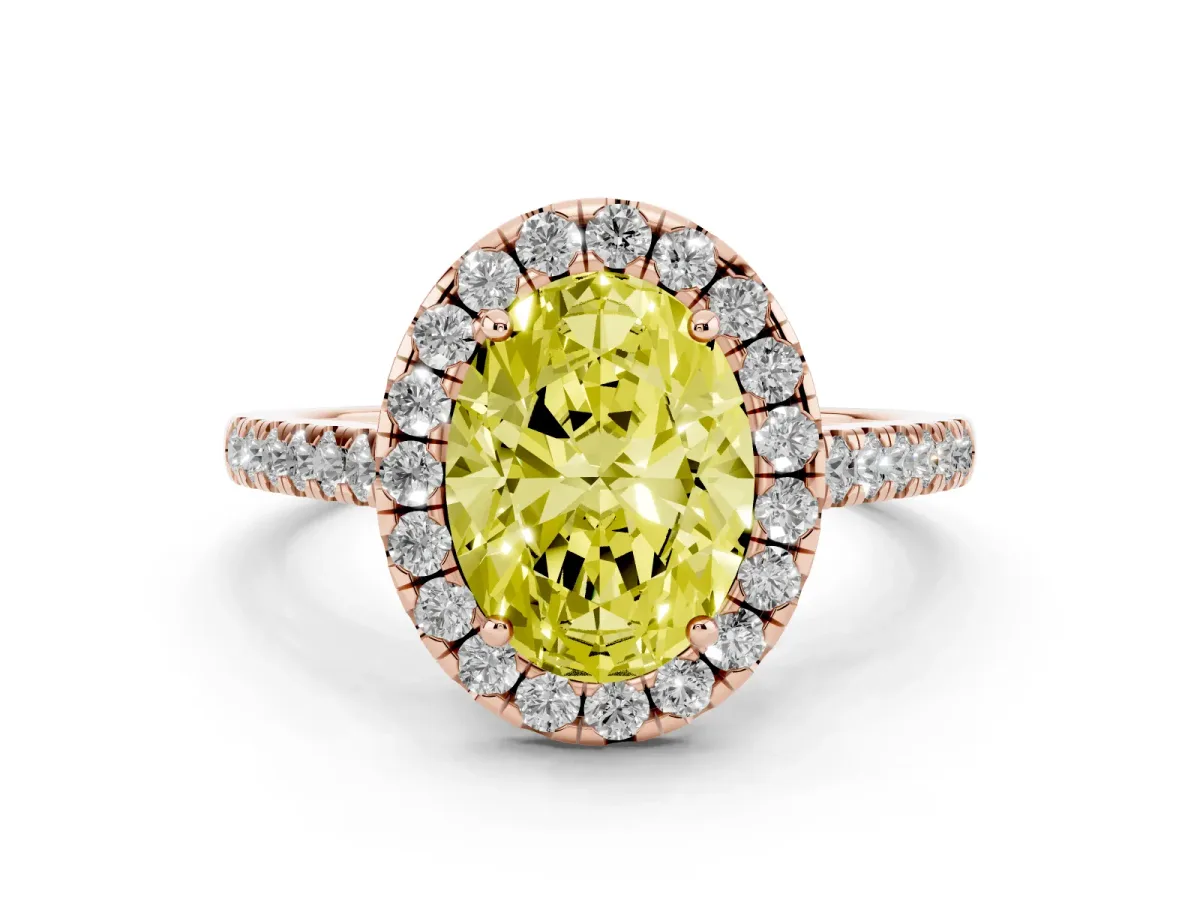 Fancy Yellow Oval Cut Halo Pave Diamond Engagement Ring with Four-Prong Setting Rose gold