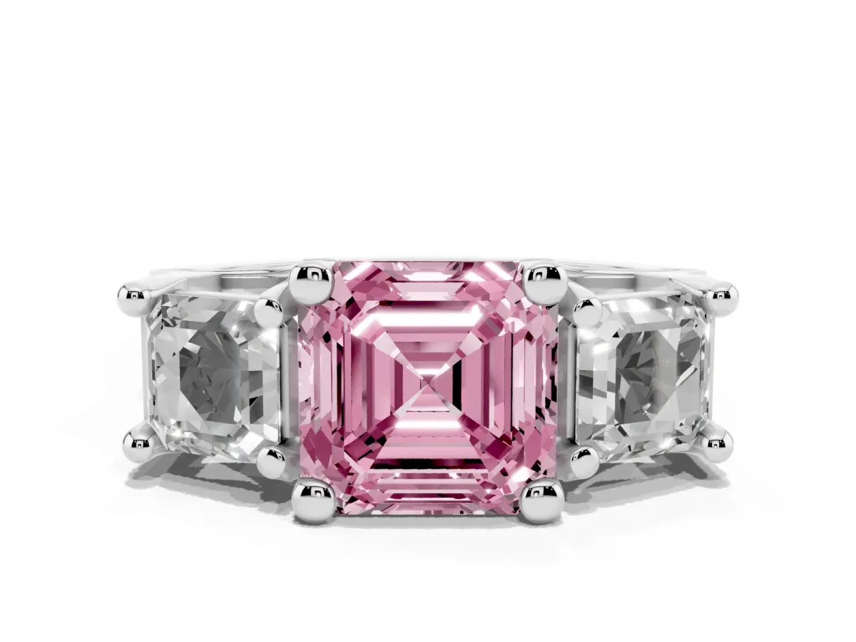 Fancy Pink Asscher Cut Diamond Three-Stone Ring with Channel Set Band and Four-Prong Setting Silver