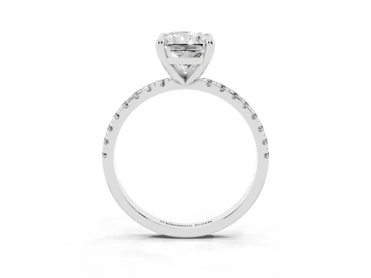 Radiant Cut Diamond Brilliant Solitaire Ring with Pavé Band and Four-Prong Setting Platinum