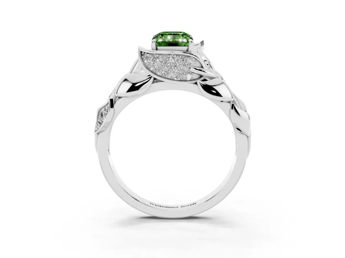 Fancy Green Emerald Cut Diamond Leaf-Inspired Engagement Ring with Round Accents and Prong Setting Silver