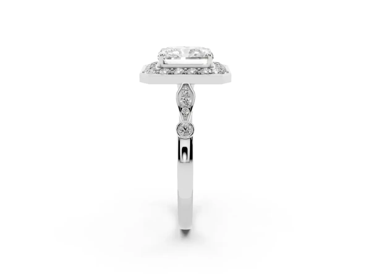 Radiant Cut Halo Diamond Engagement Ring with Twisted Band and Four-Prong Setting Platinum