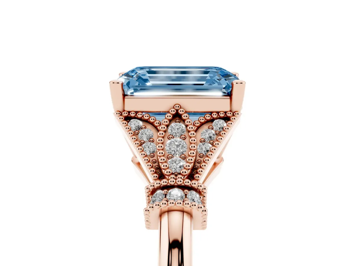 Fancy Blue Emerald Cut Diamond Solitaire Ring with Floral Filigree and Pave Accents Rose gold