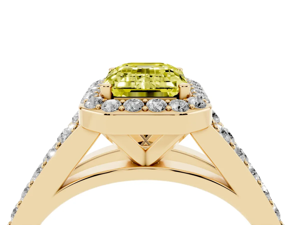 Fancy Yellow Emerald Cut Diamond Split Shank Halo Ring with Four-Prong Setting Yellow gold