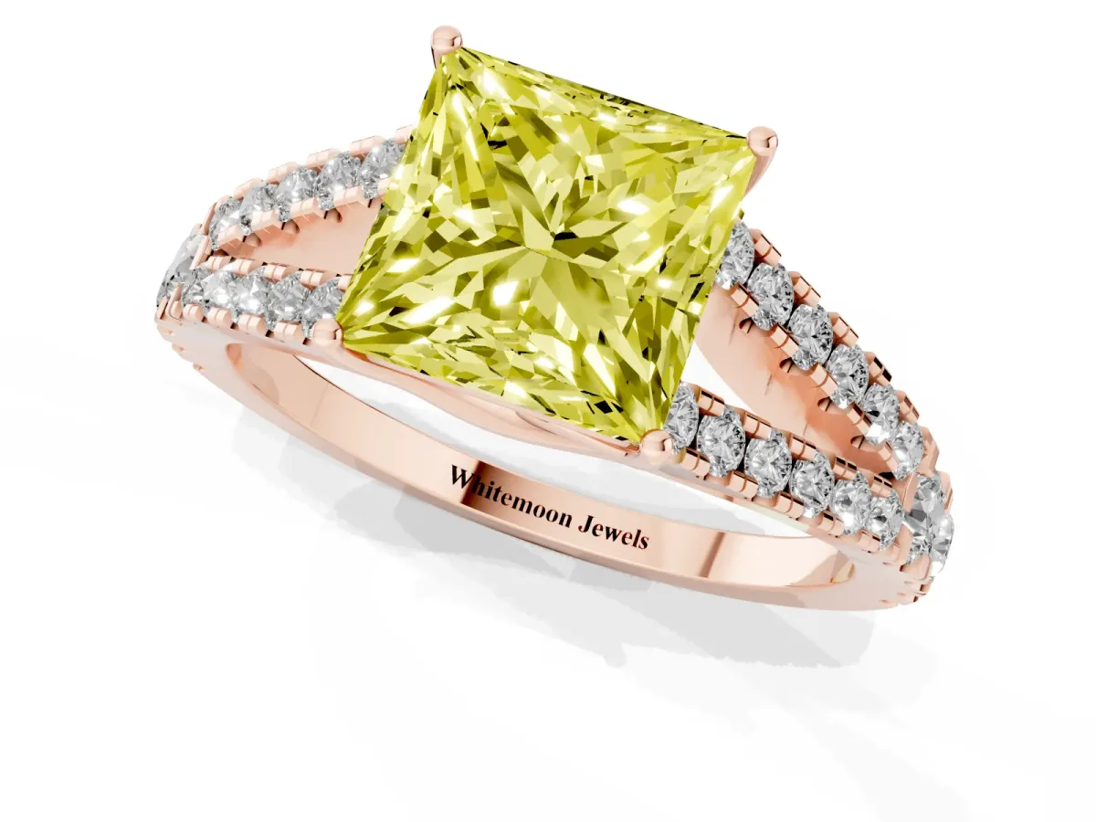 Fancy Yellow Princess Cut Diamond Split Shank Pavé Engagement Ring with Four-Prong Setting Rose gold