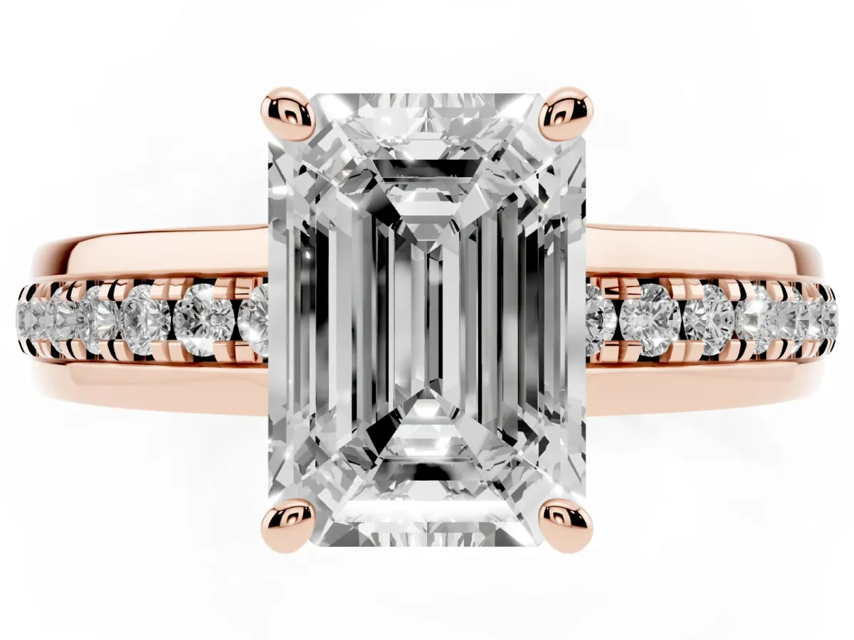 Emerald Cut Solitaire Diamond Ring with Channel Set Band and Six-Prong Setting Rose gold
