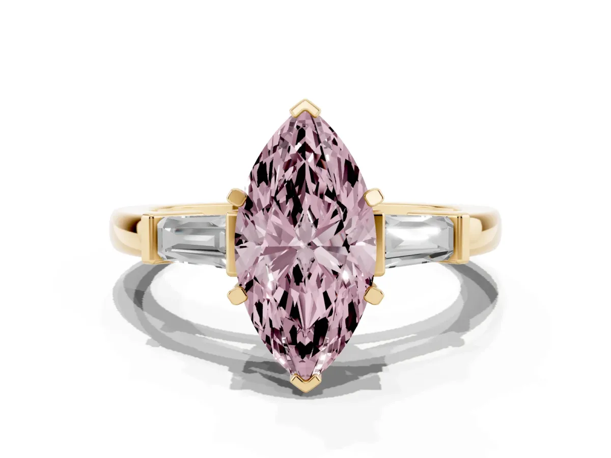 Fancy Pink Marquise Cut Cut Diamond Solitaire Ring with Tapered Baguette Accents and Four-Prong Setting Yellow gold