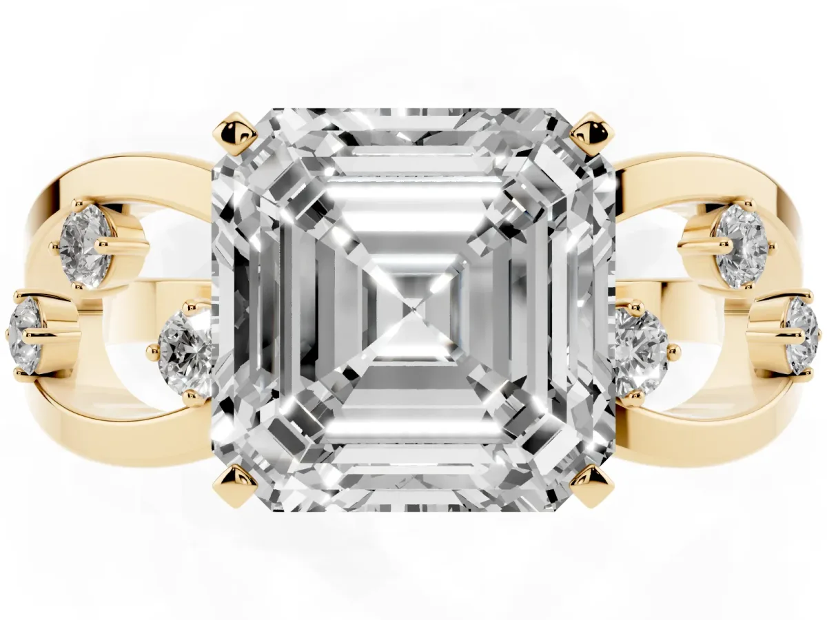 Asscher Cut Cut Solitaire Diamond with Side Stones on Criss-Cross Band and Four-Prong Setting Yellow gold