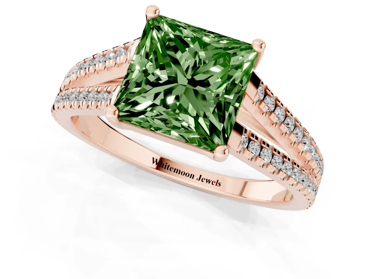 Fancy Green Princess Cut Diamond Solitaire Engagement Ring with Split Shank Pavé Band Rose gold