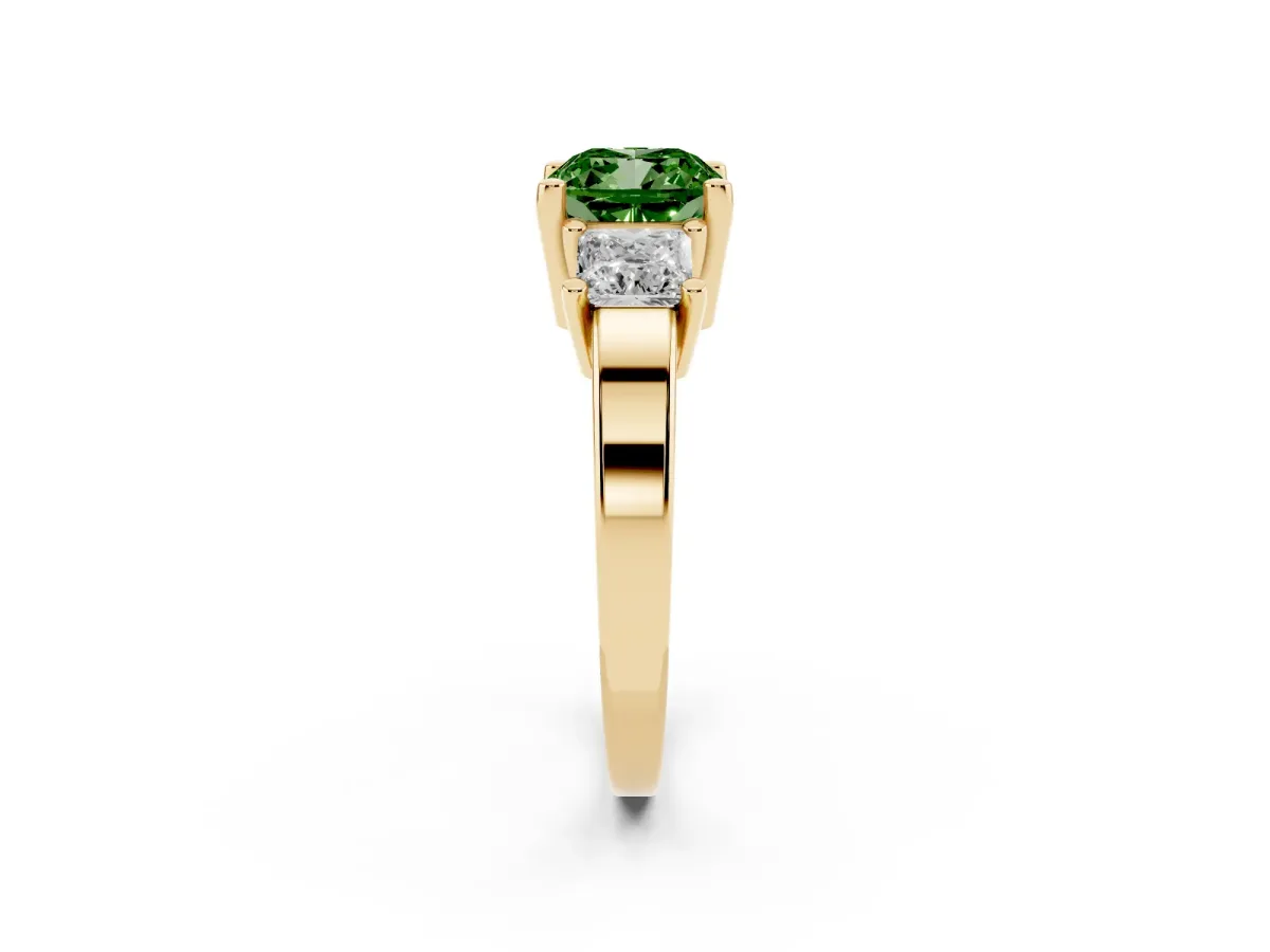 Fancy Green Three-Stone Cushion Cut Cut Solitaire Ring with Prong Setting Yellow gold