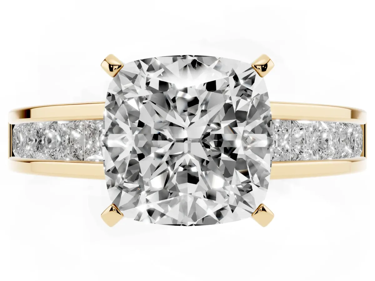 Cushion Cut Solitaire Diamond Ring with Channel-Set Band and Four-Prong Setting Yellow gold