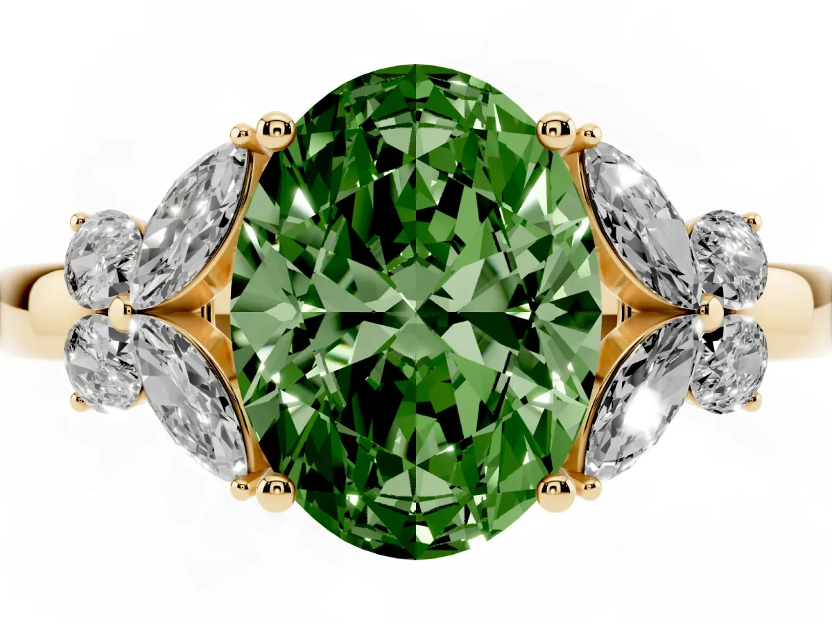 Fancy Green Oval Cut Cut Solitaire Floral Diamond Ring with Four-Prong Setting Yellow gold