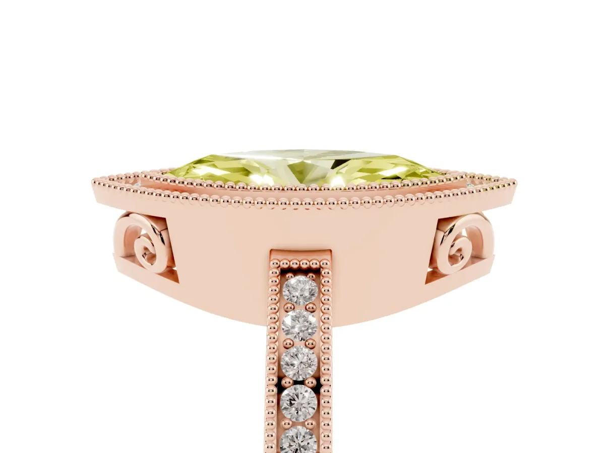 Fancy Yellow Marquise Cut Cut Halo Diamond Ring with Pavé Band and Milgrain Prong Setting Rose gold