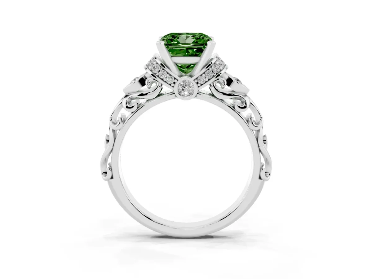 Fancy Green Princess Cut Diamond Solitaire Ring with Filigree Band and Four-Prong Setting Silver