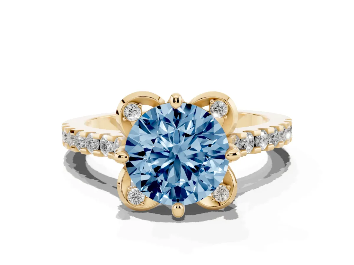Fancy Blue Round Cut Diamond Ring with Pavé Band and Floral Prong Setting Yellow gold