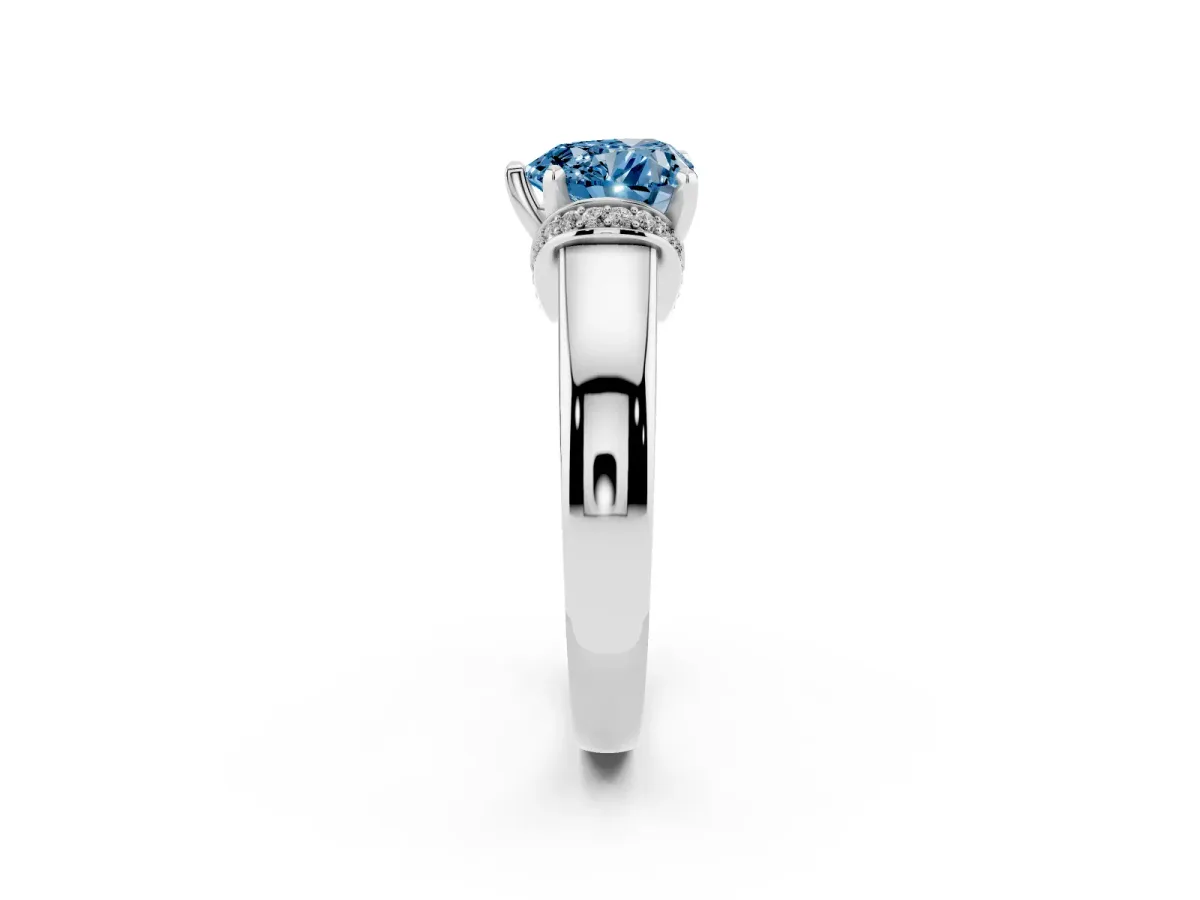 Fancy Blue Heart Cut Solitaire Diamond Ring with Pave Band and Six-Prong Setting Silver