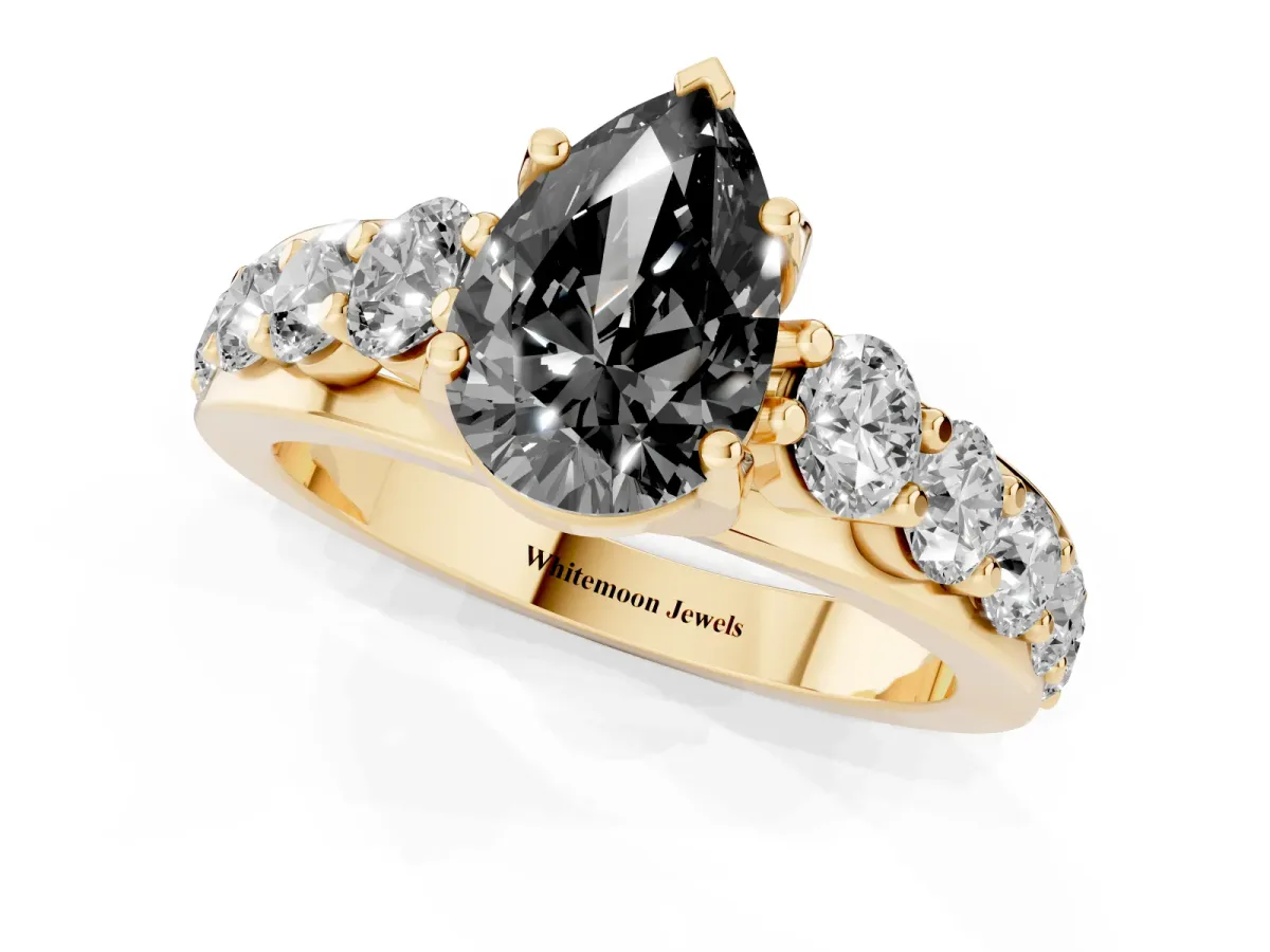 Fancy Black Pear Cut Diamond Engagement Ring with Pavé Band and Four-Prong Setting Yellow gold