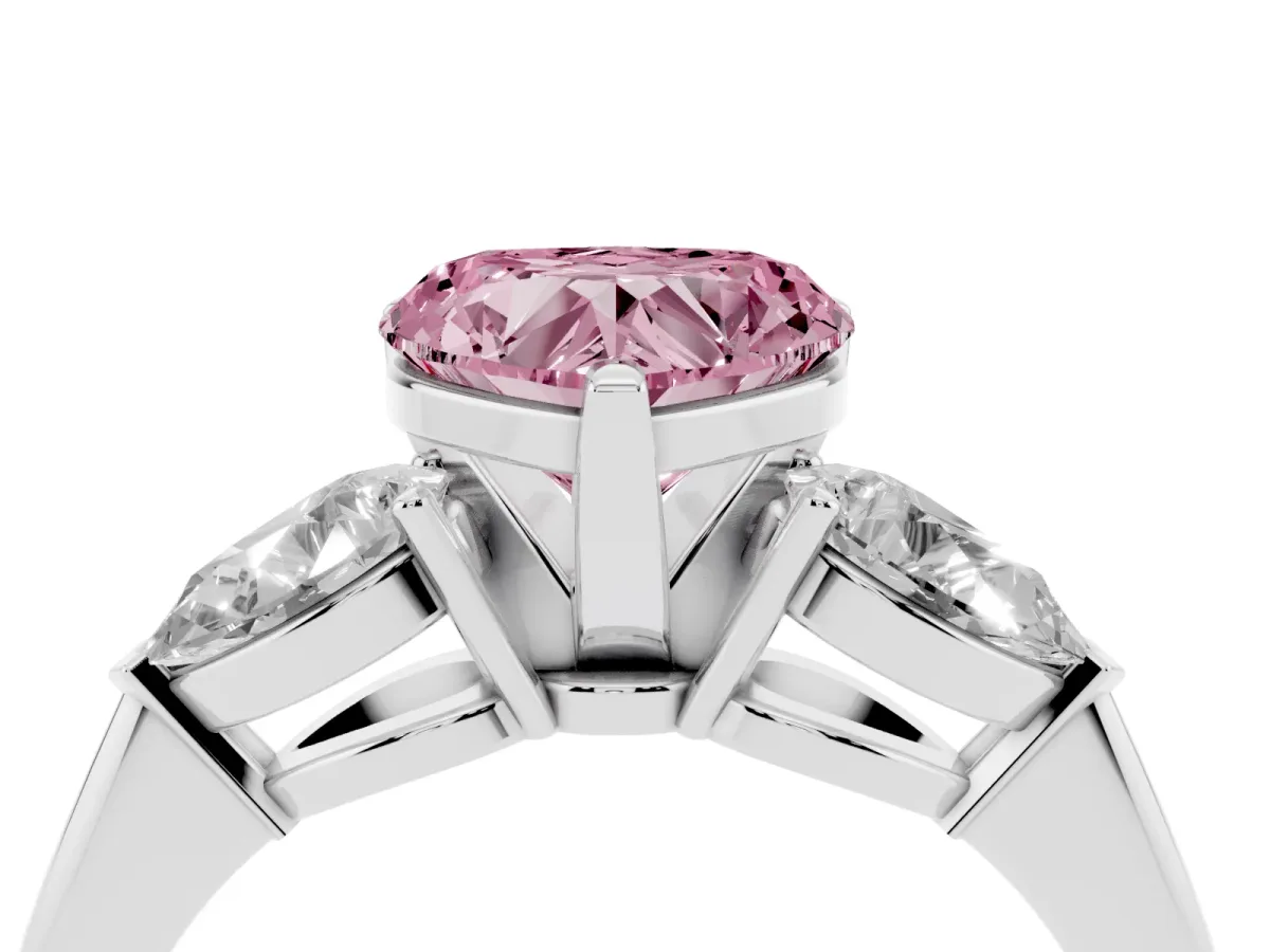 Fancy Pink Three-Stone Heart Cut Diamond Ring with Pear Side Stones and Four-Prong Setting Silver