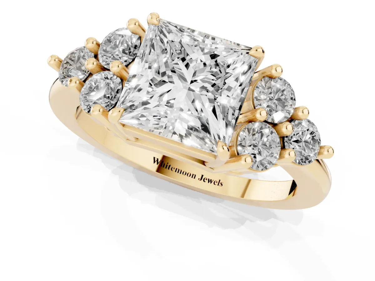 Princess Cut Brilliant Diamond Cluster Accent Solitaire Ring with Prong Setting Yellow gold