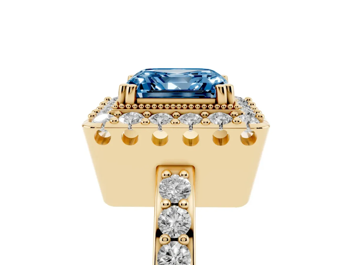 Fancy Blue Asscher Cut Diamond Halo Ring with Pavé Band and Prong Setting Yellow gold