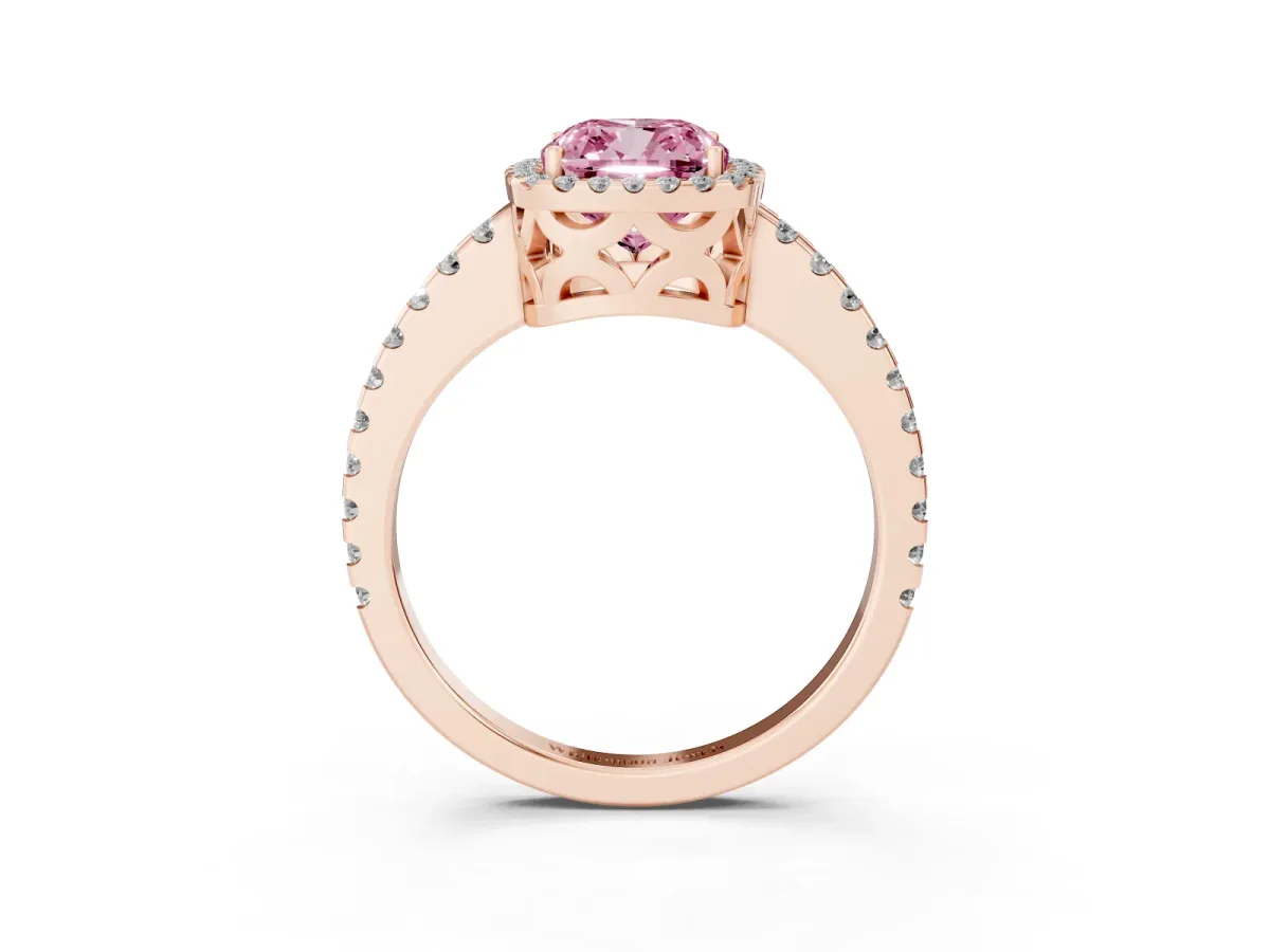 Fancy Pink Cushion Cut Diamond Halo Engagement Ring with Pavé Band and Prong Setting Rose gold