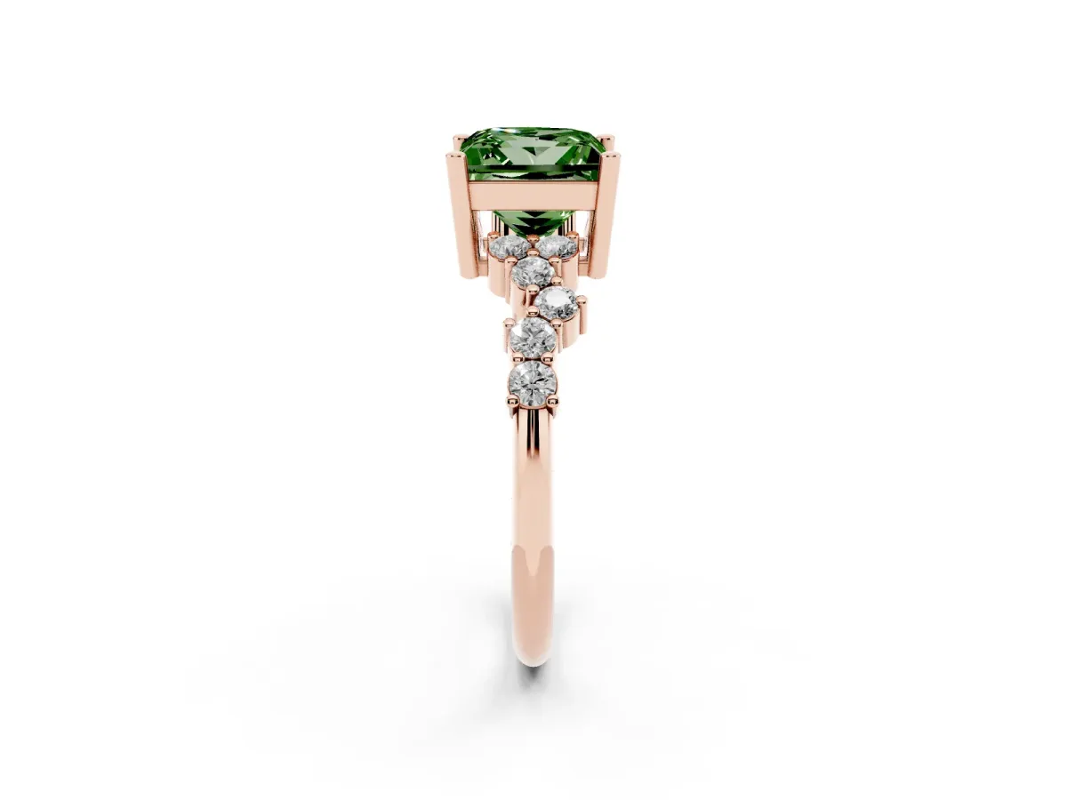 Fancy Green Princess Cut Diamond Scattered Round Accent Ring with Prong Setting Rose gold