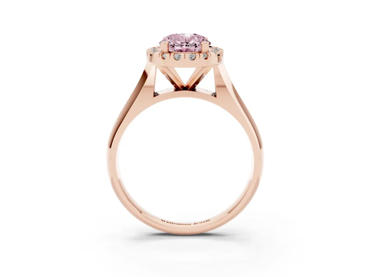 Fancy Pink Oval Cut Cut Halo Solitaire Engagement Ring with Square Band and Four-Prong Setting Rose gold