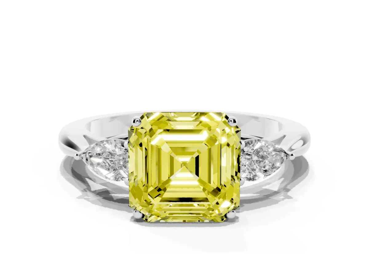 Fancy Yellow Asscher Cut Diamond Three-Stone Ring with Pear Side Stones and Prong Setting Silver