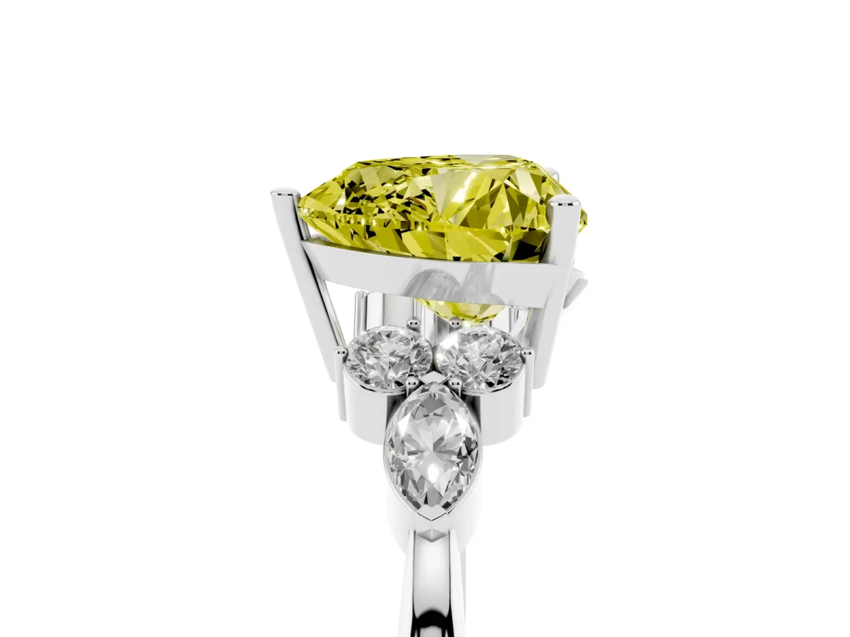 Fancy Yellow Heart Cut Brilliant Diamond Solitaire Ring with Pear Side Stones and Four-Prong Setting Silver
