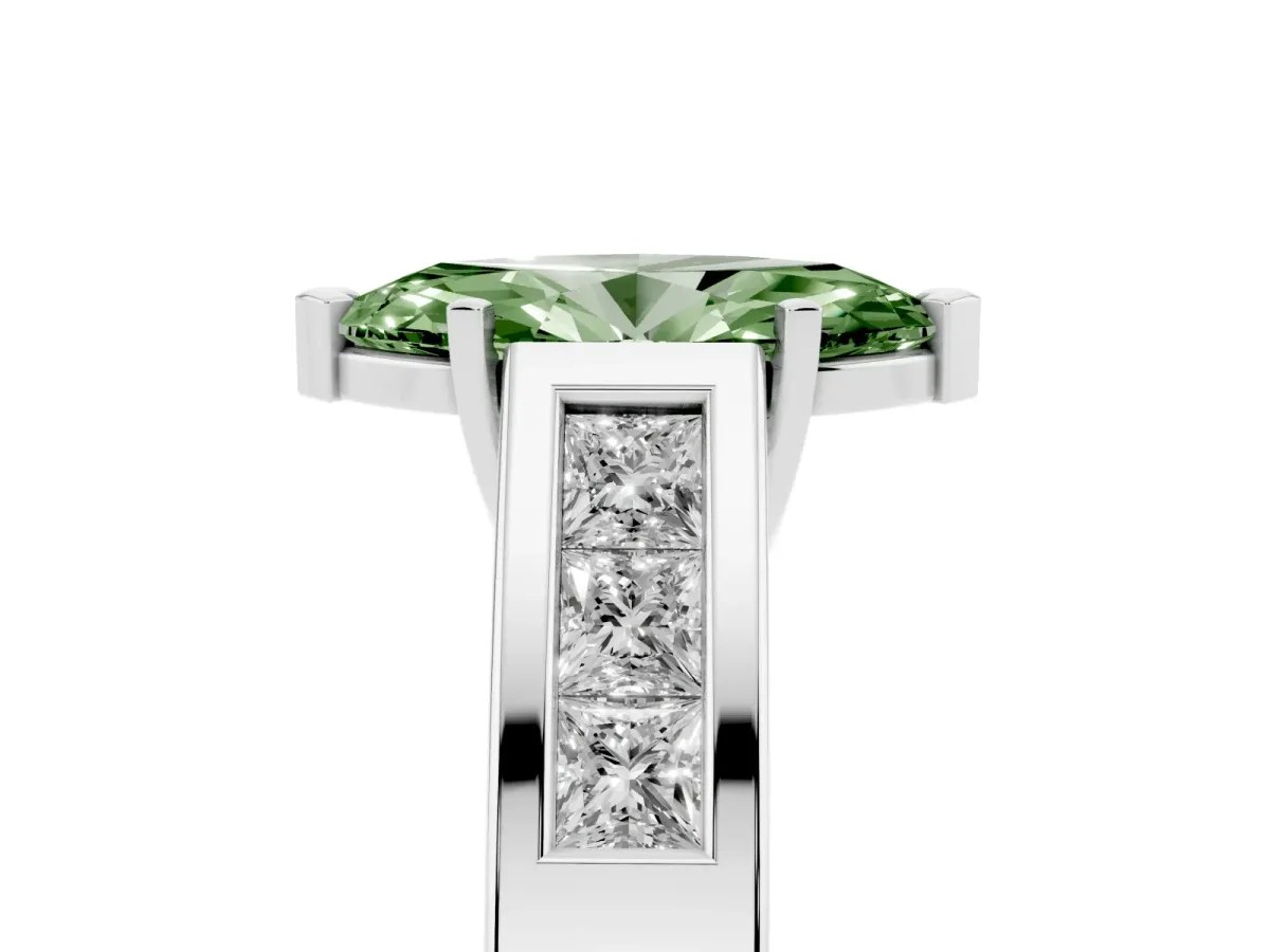 Fancy Green Marquise Cut Cut Channel Set Solitaire Ring with Four-Prong Setting Platinum