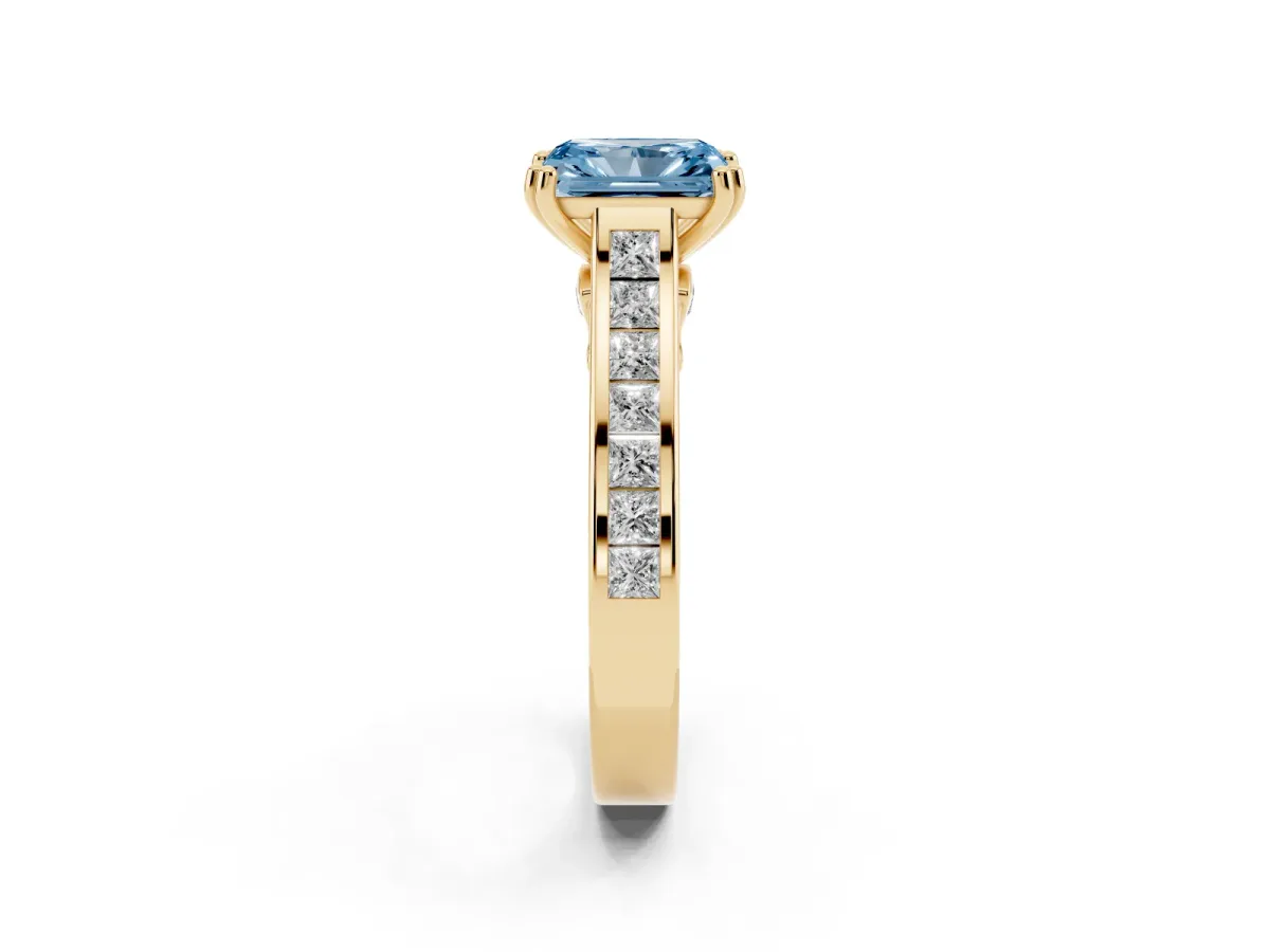 Fancy Blue Radiant Cut Cut Channel Set Solitaire Engagement Ring with Prong Setting Yellow gold