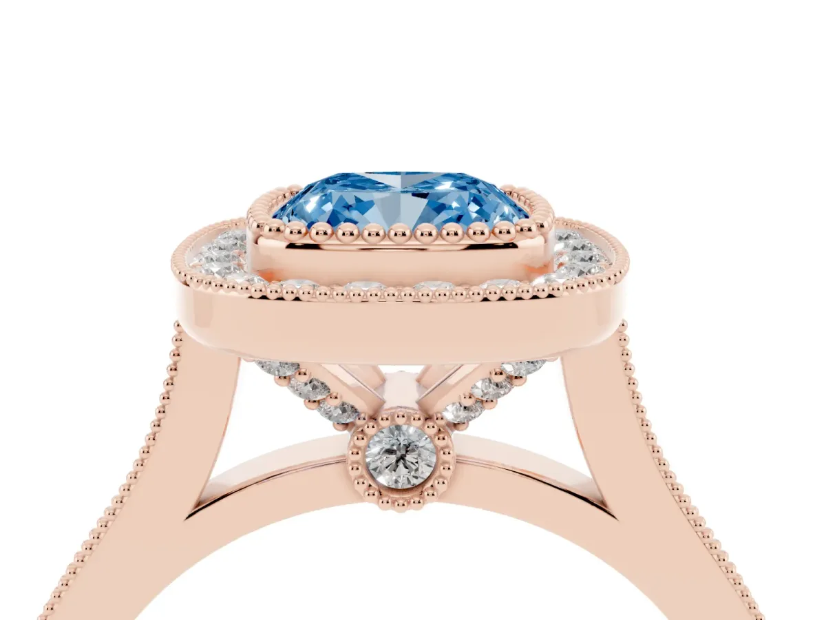 Fancy Blue Cushion Cut Diamond Halo Ring with Milgrain Frame and Pavé Band Rose gold