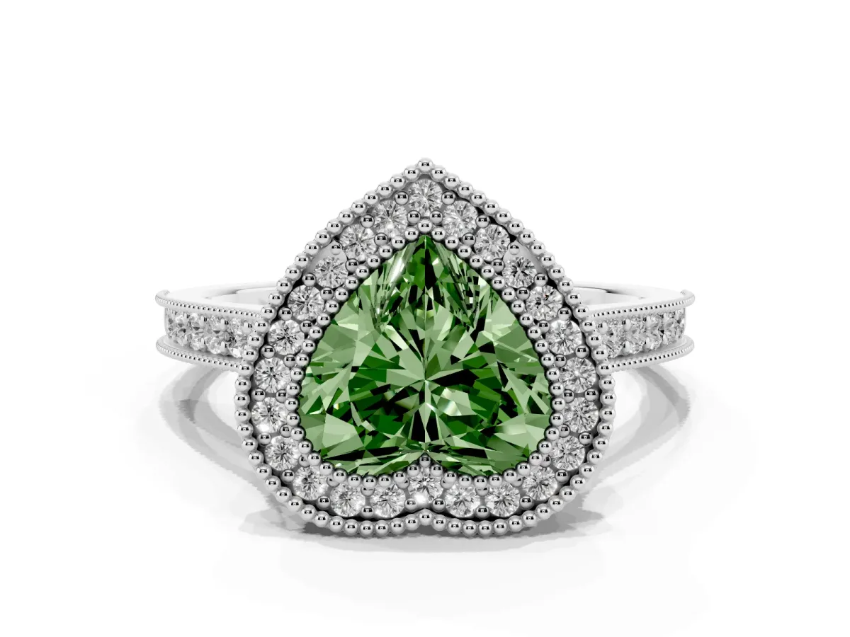 Fancy Green Halo Heart Cut-Cut Diamond Pave Band Milgrain Prong Setting Ring Silver