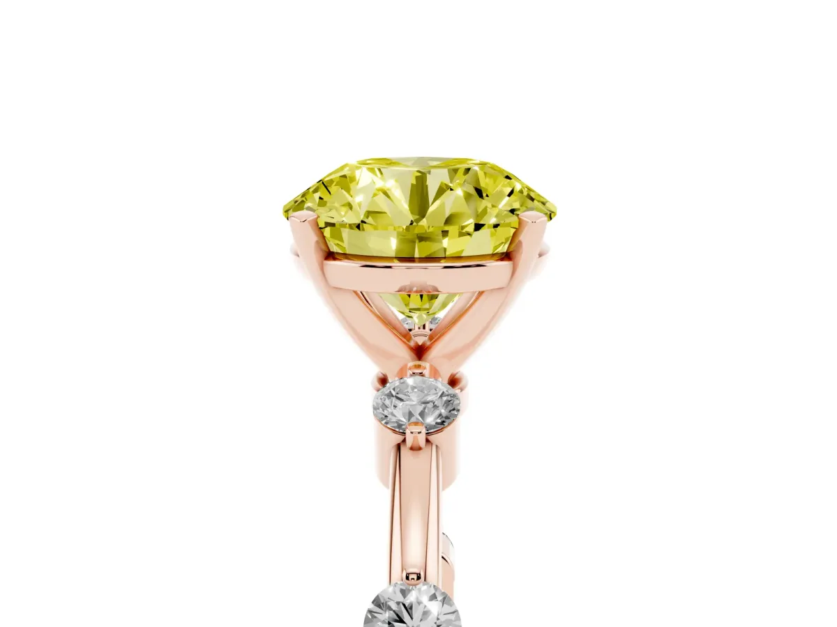 Fancy Yellow Round Cut Solitaire Diamond Ring with Bezel Set Side Stones and Prong Setting Rose gold