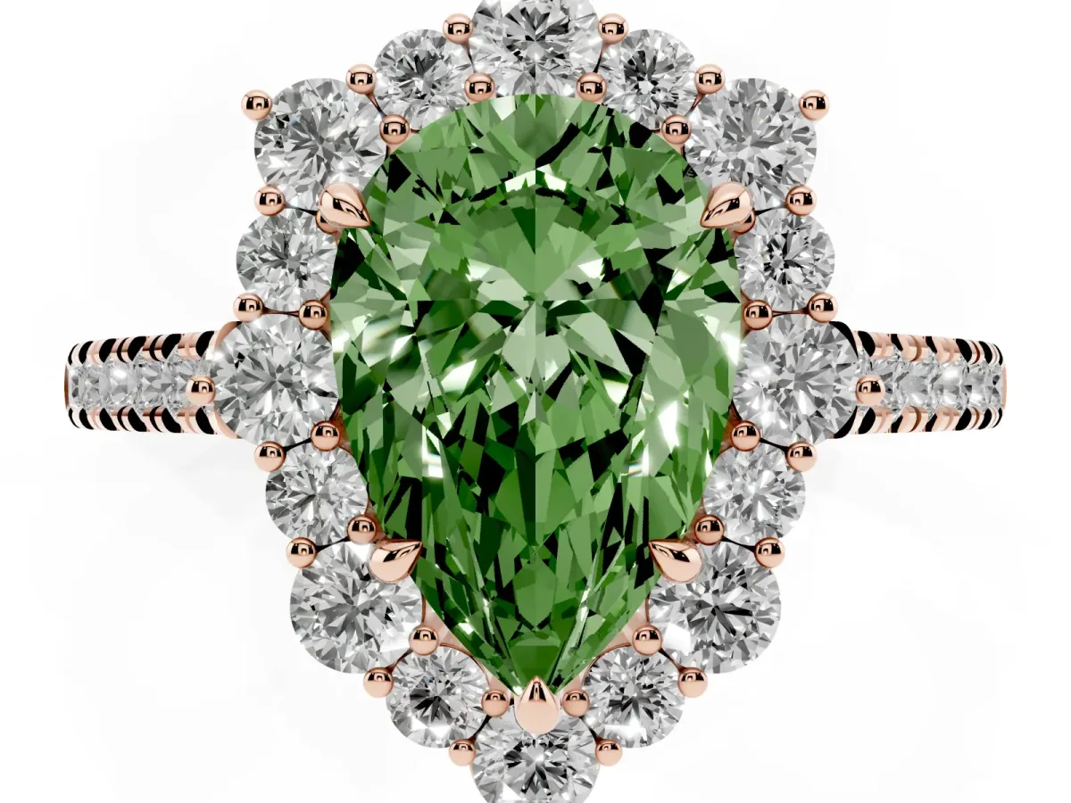 Fancy Green Pear Cut Halo Diamond Ring with Pavé Band and Prong Setting Rose gold