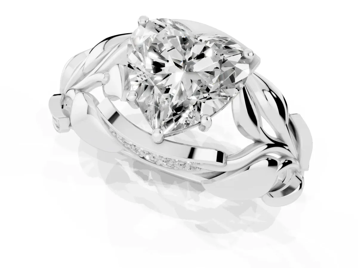 Heart Cut Diamond Leaf-Inspired Engagement Ring with Round Accents and Prong Setting Silver