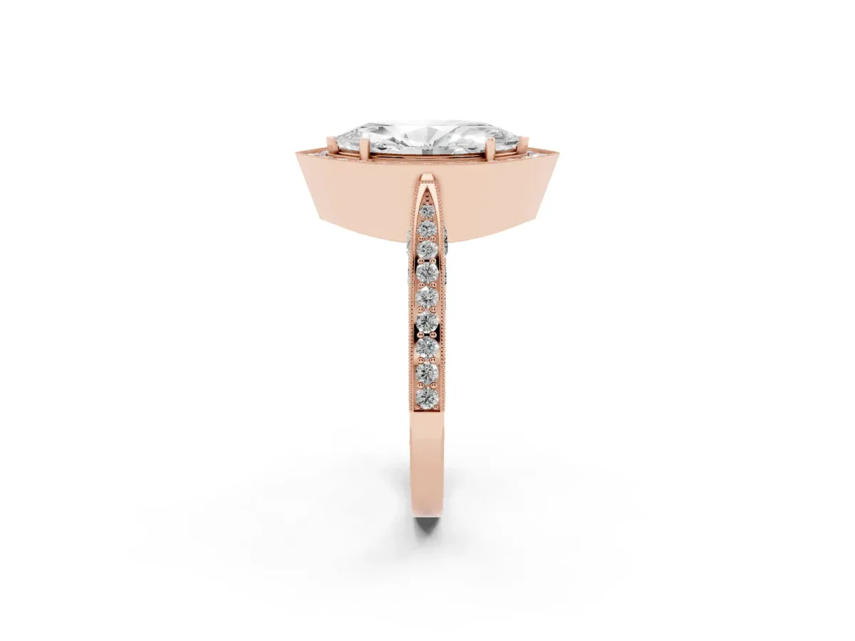 Marquise Cut Halo Diamond Engagement Ring with Split Shank Band and Four-Prong Setting Rose gold