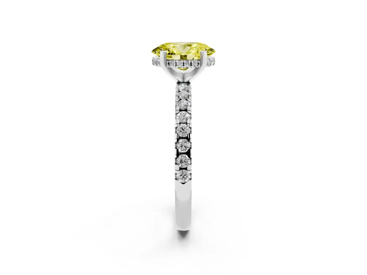 Fancy Yellow Oval Cut Diamond Solitaire Ring with Round Pavé Band and Four-Prong Setting Silver