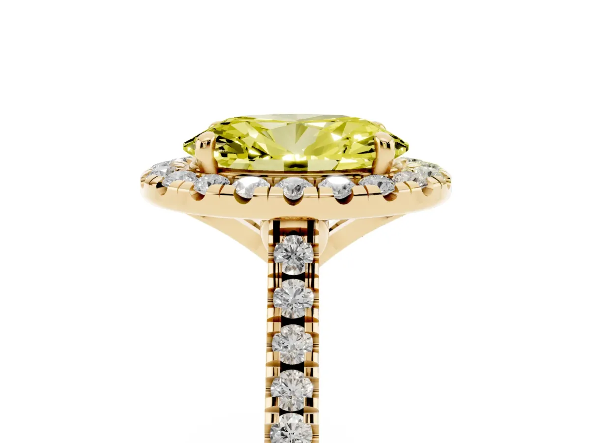 Fancy Yellow Oval Cut Diamond Cushion Halo Ring with Pavé Band Yellow gold